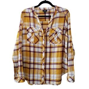 a.n.a Madras Plaid Long Sleeve V Neck Button Up Shirt, Mustard & Purple Sz M